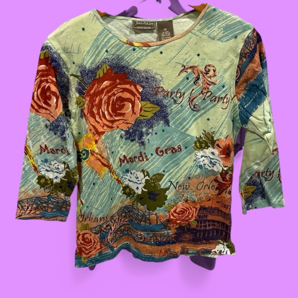 Y2K french quarter New Orleans sequin bling bling mardi gras top 3/4 sleeve